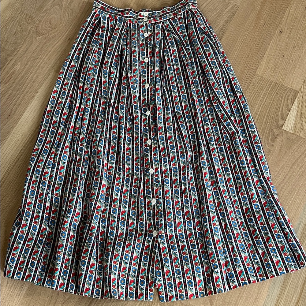 Vintage 1950s Festival boho folk gypsy Floral Striped Button-Down Skirt